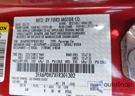 2015 Ford Fusion Se z USA, uszkodzony, nr VIN 3FA6P0H7XFR301302